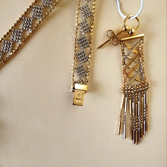 14KT 2-TONE TIE STYLE NECKLACE & EARRINGS - Picture 3 of 7